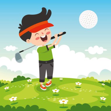 Cartoon Illustration Of A Kid Playing Golf clipart