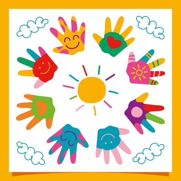 Πολύχρωμα Ζωγραφισμένα Χέρια Μικρών Παιδιών — Διανυσματικό Αρχείο