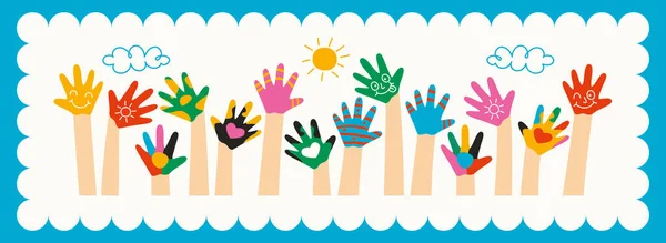 Küçük Çocukların Renkli Boyalı Elleri — Stok Vektör