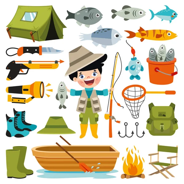 Conjunto Vários Elementos Pesca —  Vetores de Stock