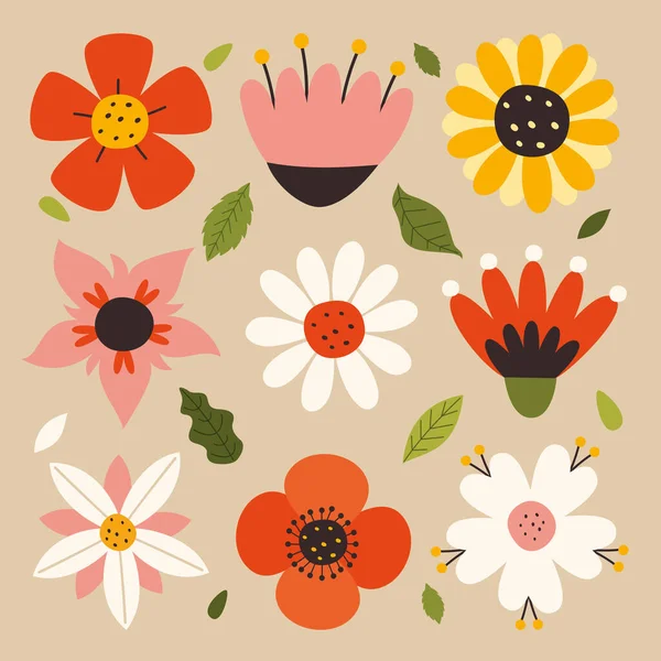 Conjunto Flores Planas Colores — Archivo Imágenes Vectoriales