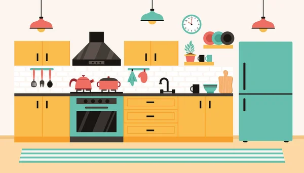 Плоский Дизайн Интерьера Кухни — стоковый вектор