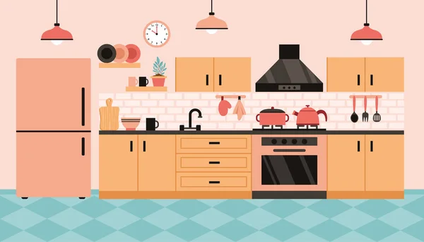 Плоский Дизайн Интерьера Кухни — стоковый вектор