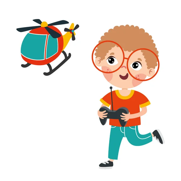 Kind Spielt Mit Ferngesteuertem Hubschrauber — Stockvektor