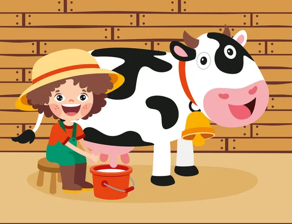 Desenhos Animados Kid Ordenhando Uma Vaca — Vetor de Stock