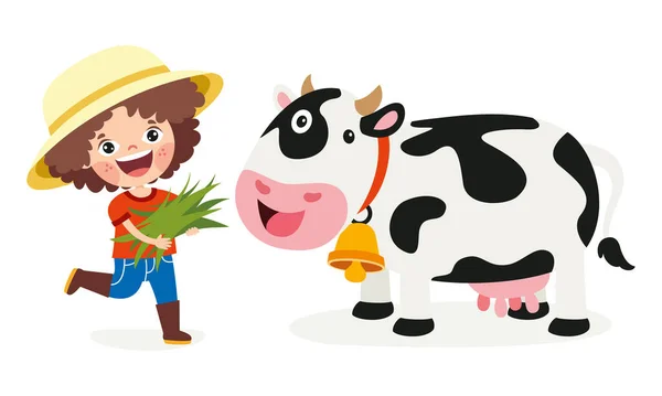 Kreskówka Kid Karmienia Krowy — Wektor stockowy