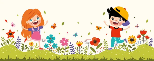 Kinderen Spelen Kleurrijke Bloemen — Stockvector