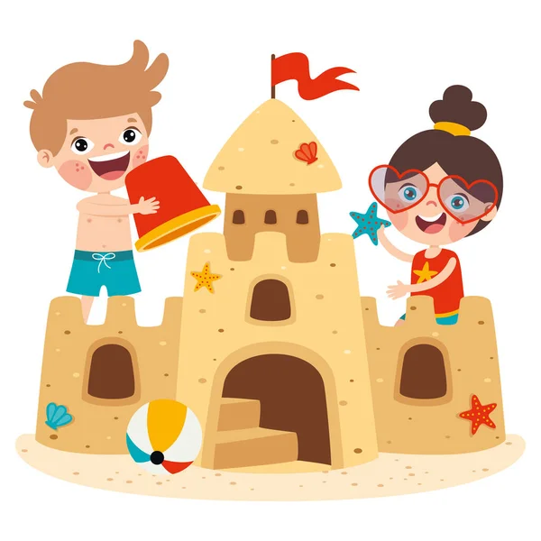 Crianças Brincando Com Castelo Areia — Vetor de Stock