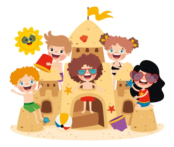Crianças Brincando Com Castelo Areia —  Vetores de Stock