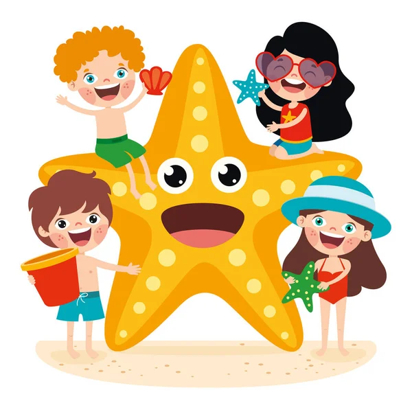 Crianças Verão Posando Com Estrela Mar —  Vetores de Stock