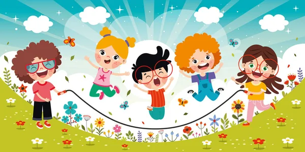 Niños Dibujos Animados Jugando Saltar Cuerda — Vector de stock