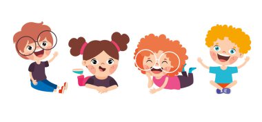 Happy Cartoon Children Characters Sitting