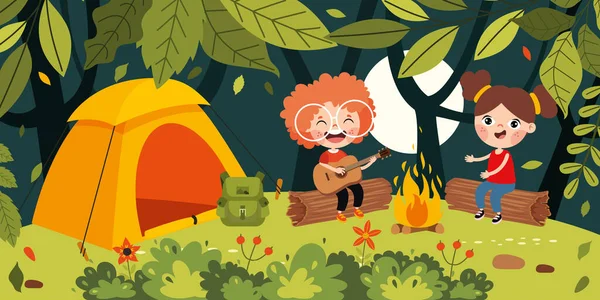 Cartoon Kids Camping Nature — Wektor stockowy
