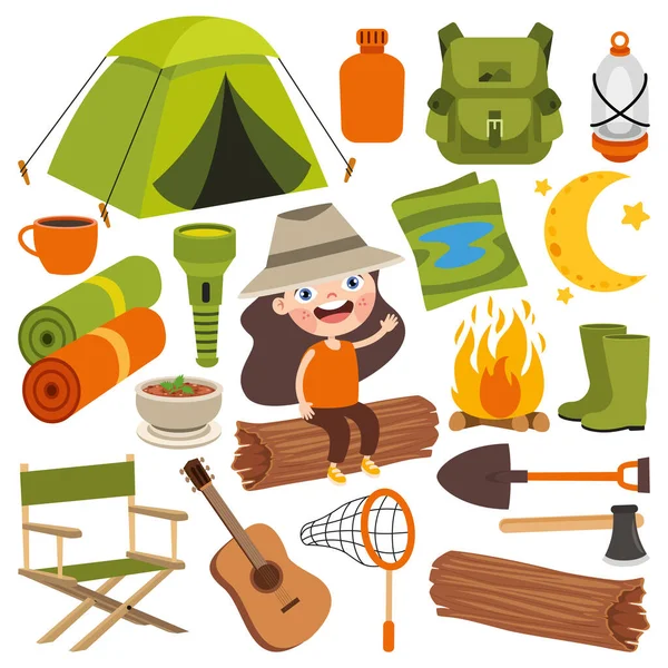 Kartun Kid Dengan Elemen Camping - Stok Vektor
