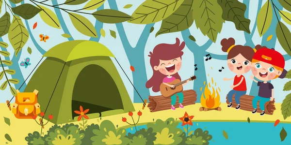 Cartoon Kids Camping Nature — Stock Vector