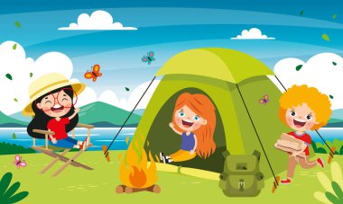 Cartoon Kids Camping At Nature