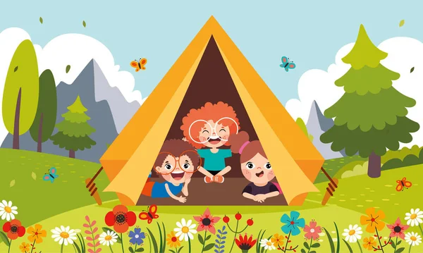 Cartoon Kids Camping Nature — Stock Vector