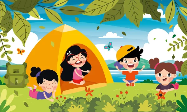 Cartoon Kids Camping Nature — Stock Vector