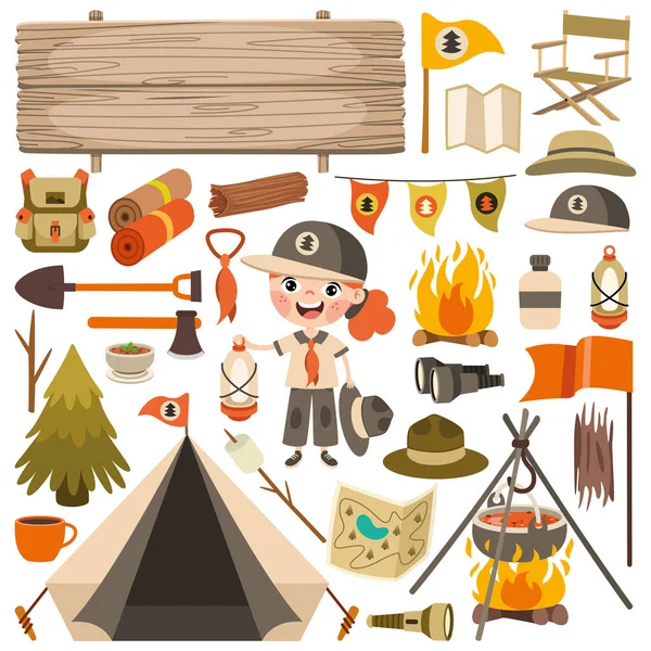 Cartoon Kid Scouting Equipments — Stockový vektor