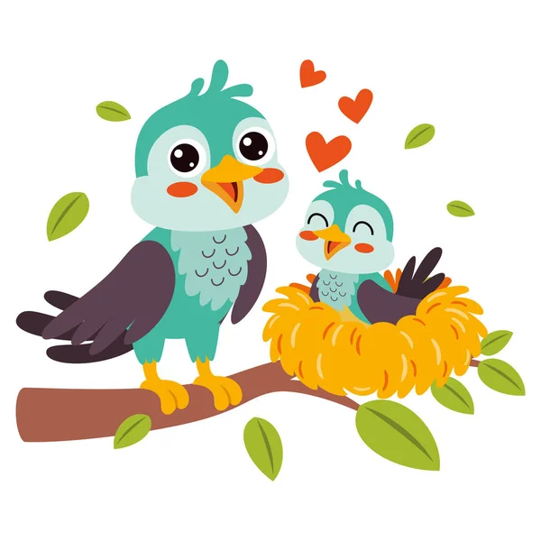 Cartoon Illustration Mother Baby Birds — Stok Vektör