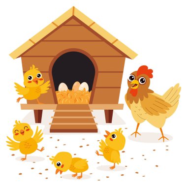 Cartoon Illustration Of Chicken And Chicks
