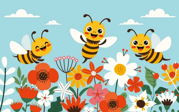 Cartoon Illustration Cute Bees — Stock Vector