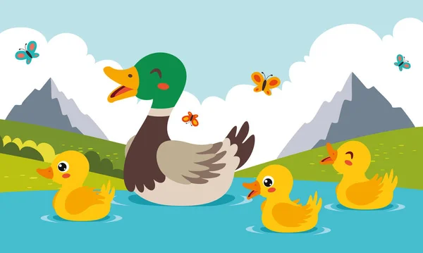 Mother Baby Ducks Swimming Lake — Vetor de Stock