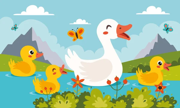 Mother Baby Gooses Swimming Lake — Stock Vector