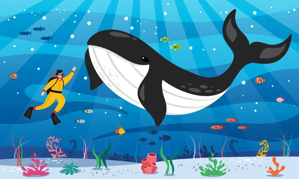潜水者和鲸鱼的平画图 — 图库矢量图片