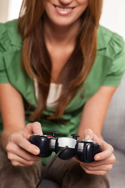 Cute female gaming at home — Stock Photo, Image