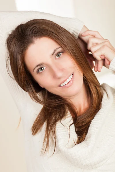 Stunning woman wearing white sweater — Stock Photo, Image