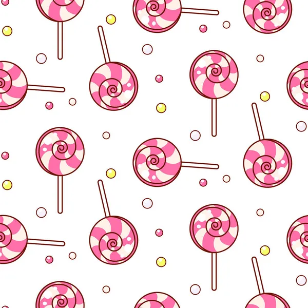 Rosa und weiße Bonbon-Lutscher mit nahtlosem Muster Hintergrund. Süßer Lollypop-Hintergrund. — Stockvektor