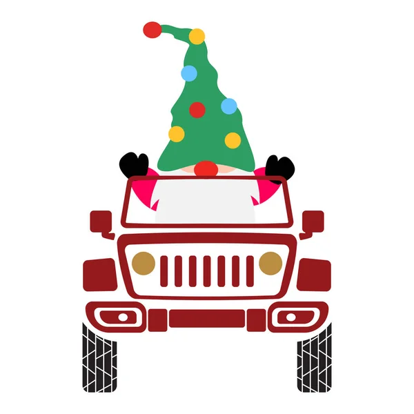 Weihnachten rotes Auto-SUV-Fahrzeug mit einer Wichtelelf in einem Kabinenvektor Illustration. — Stockvektor