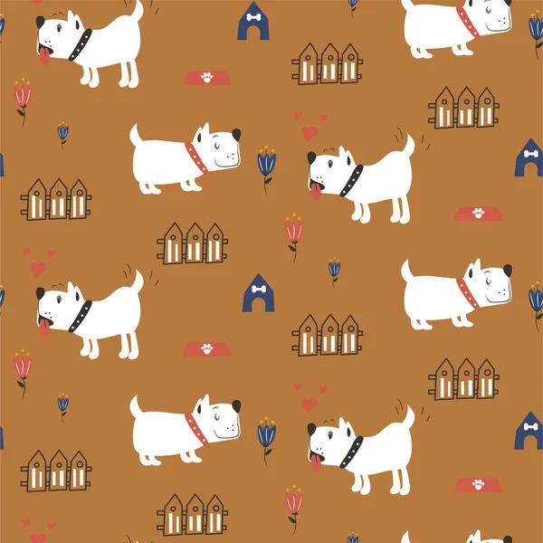 Lindo patrón de perros para ropa de niños, tela, textil, decoración de vivero, papel de envolver. Fondo de bebé marrón con cachorros. — Vector de stock