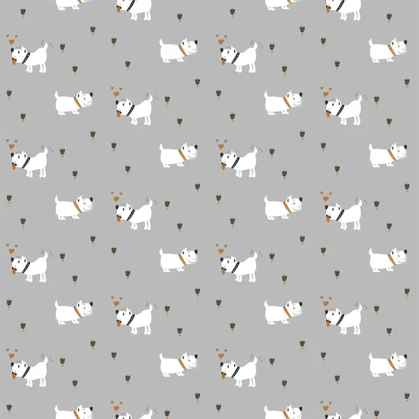 Lindos perros en patrón de amor para niños ropa, tela, textil, decoración de vivero, papel de envolver. Fondo gris bebé con cachorros. — Vector de stock