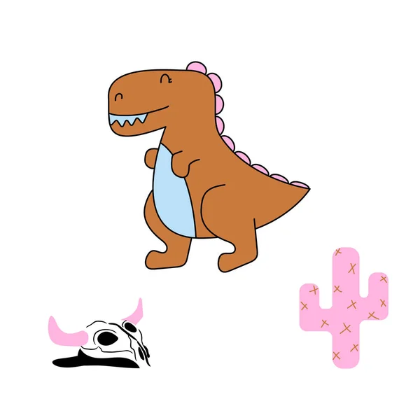 Illustration enfantine Dino pour les enfants avec de jolis dinosaures et des cactuses. Desert dinosaures tissu imprimé — Image vectorielle