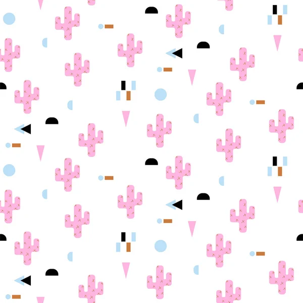 Seamless cactus pattern childish fabric print. White and pink girl background. — Vetor de Stock