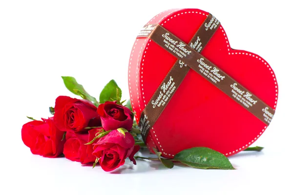 Red rose with a heart box — Stock Photo, Image