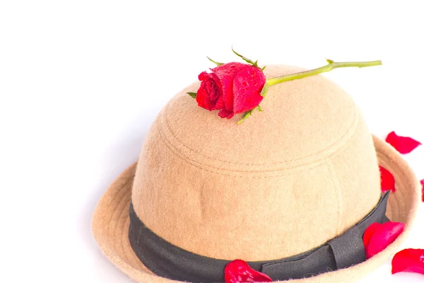 Rode roos met hoed dame Stockafbeelding
