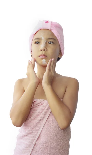 Beautiful asian girl applying moisturize cream — Stock Photo, Image