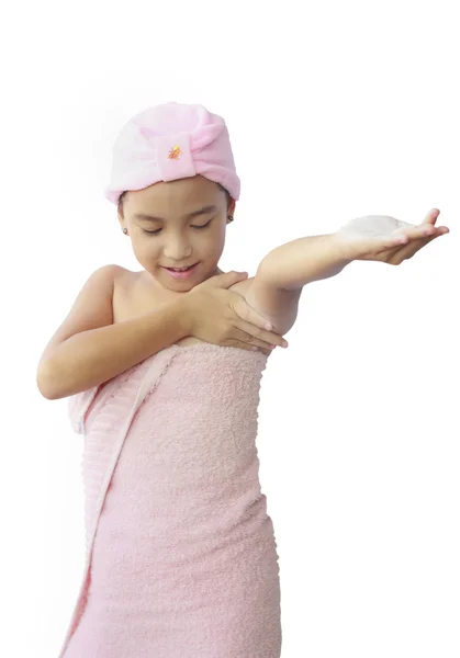 Beautiful asian girl applying moisturize cream — Stock Photo, Image