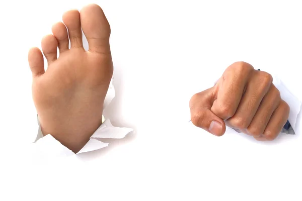 Hands and feet over paper on white Backgrounds — Stock Photo, Image