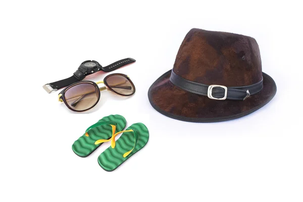 Sun hat with sunglasses and flip-flops — Stock Photo, Image