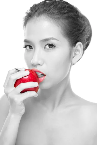 Labios rojos, manzana roja — Foto de Stock