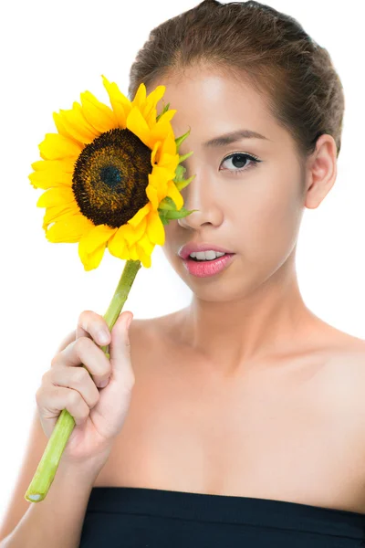 Donna con girasole — Foto Stock