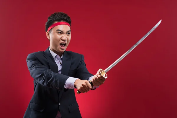 Manager mit Katana-Schwert — Stockfoto