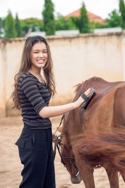 Mädchen pflegt Pony — Stockfoto