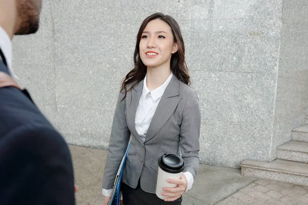 Positive Businesswoman Talking to Colleague — 图库照片