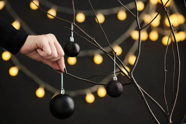 Hand Woman Hanging Black Matte Baubles Bare Tree Branches Decorating — 图库照片