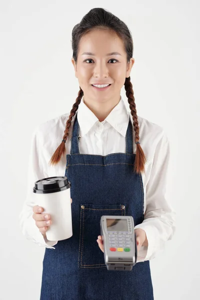 Female Barista Giving Take-out Coffee — Φωτογραφία Αρχείου